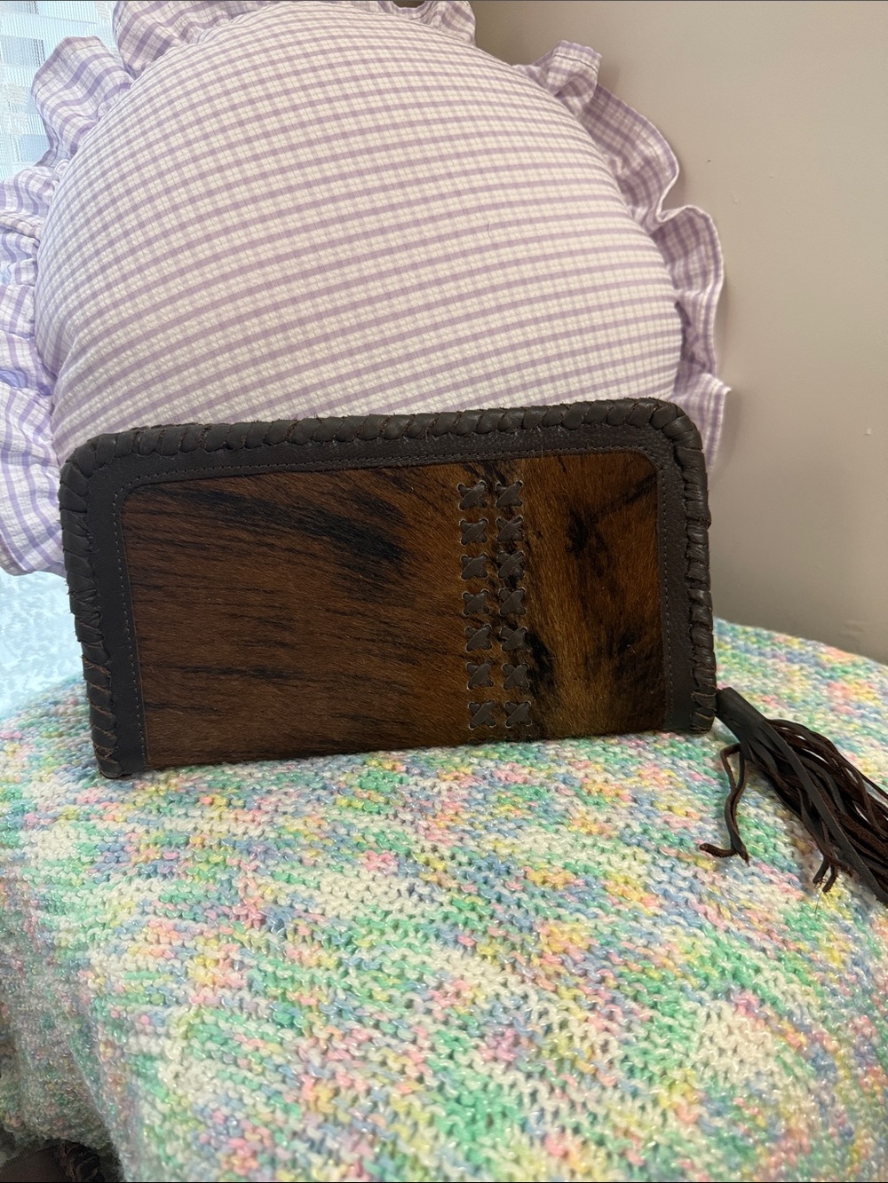 Haircalf Zip Wallet Clutch in Brown with Tassel